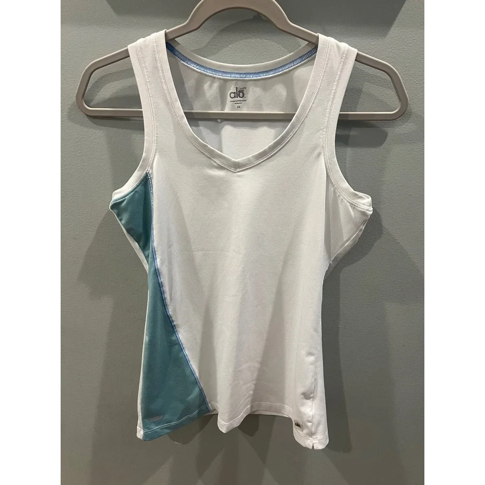 Alo Yoga CoolFit Athletic Tank Top Women's Size Medium White Teal V-Neck - Picture 1 of 8